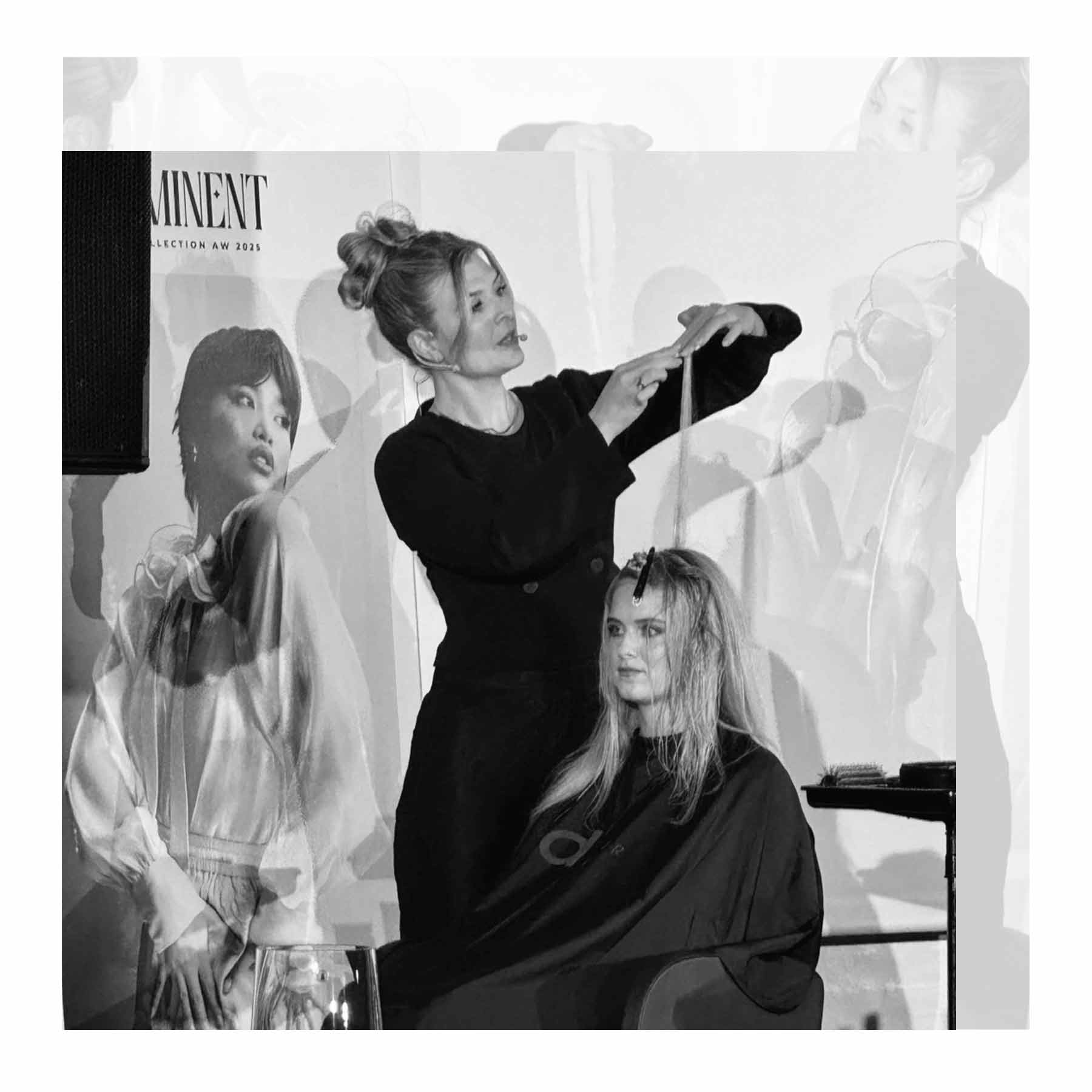 Sanne - IdHAIRs Creative Educator i færd med at klippe en langhårs-model.