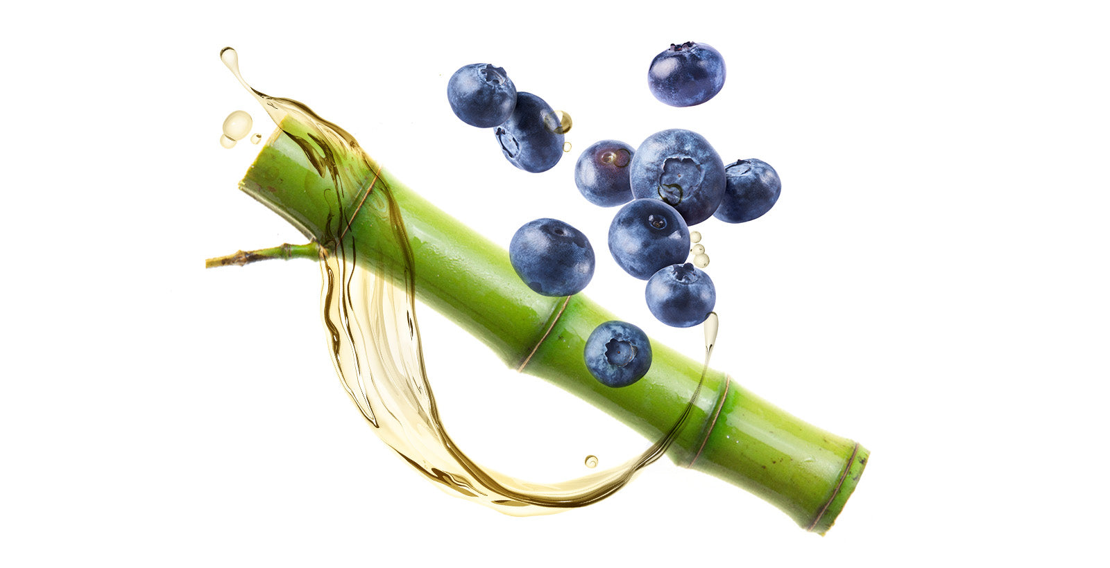 Bambusstængel med blåbær og gylden olie, symbol på naturlige ingredienser.