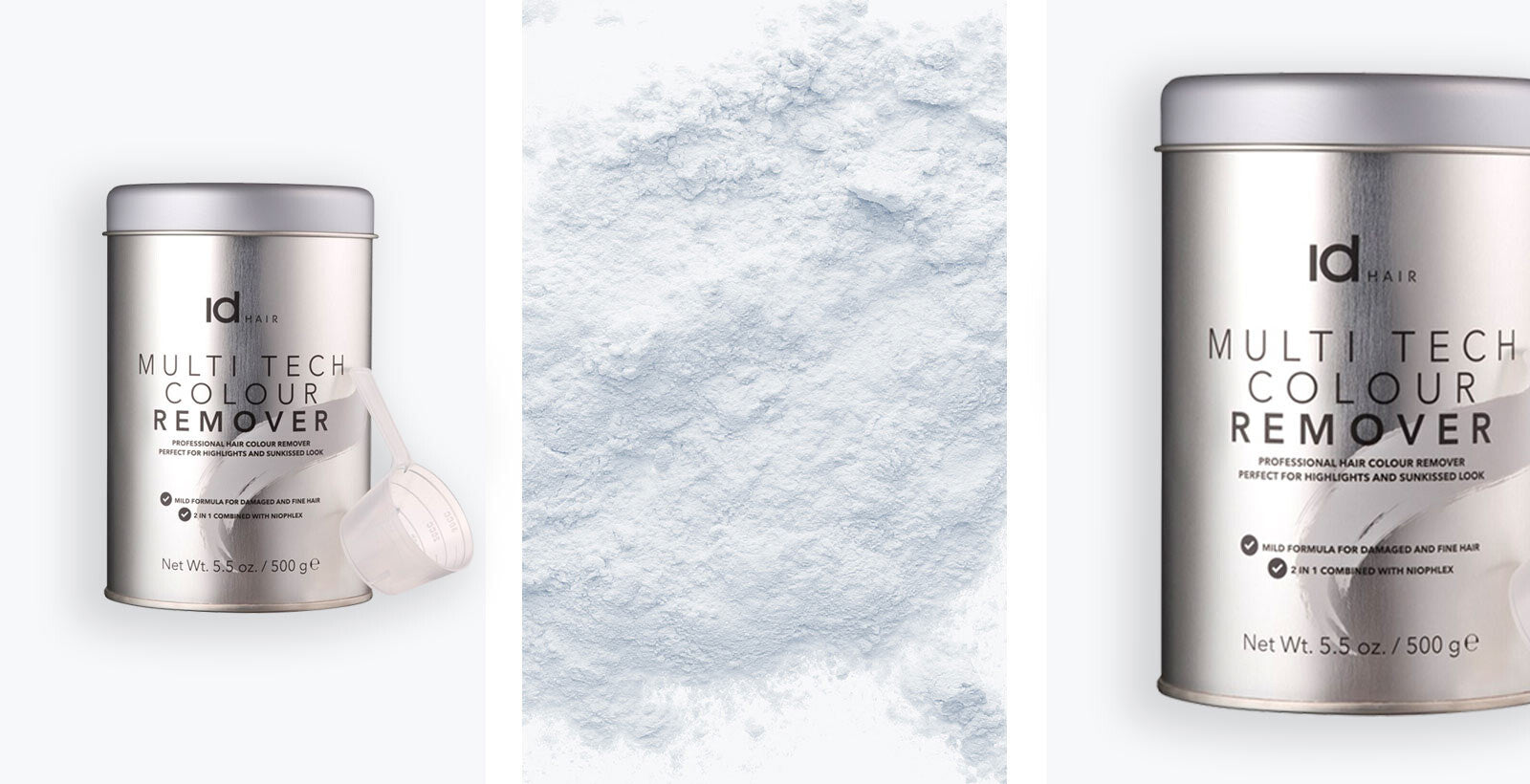 IdHAIR Multi Tech Colour Remover dåser og hvidt pulver på lys baggrund.