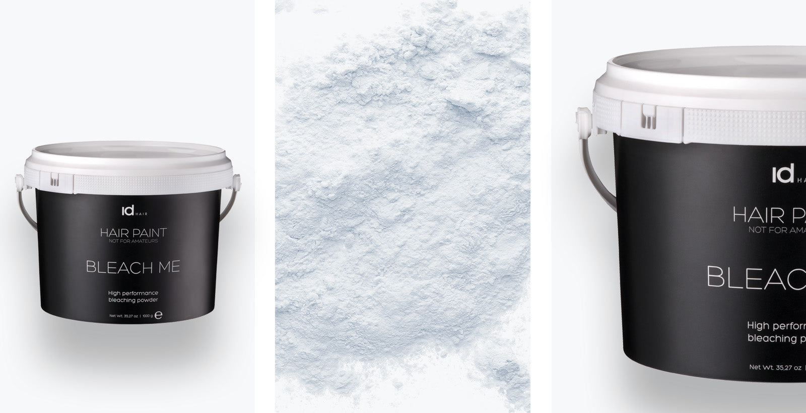 IdHAIR Hair Paint Bleach Me spande og hvidt blegningspulver på lys baggrund.