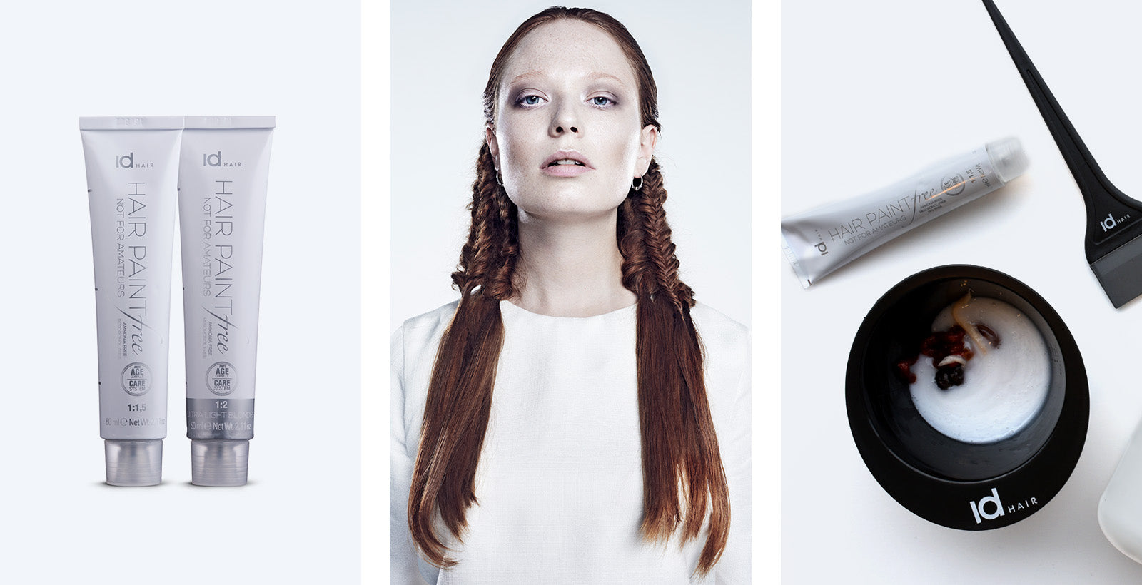 IdHAIR Hair Paint Free farvetuber, kvinde med glat og flettet hår samt farveblanding i skål.