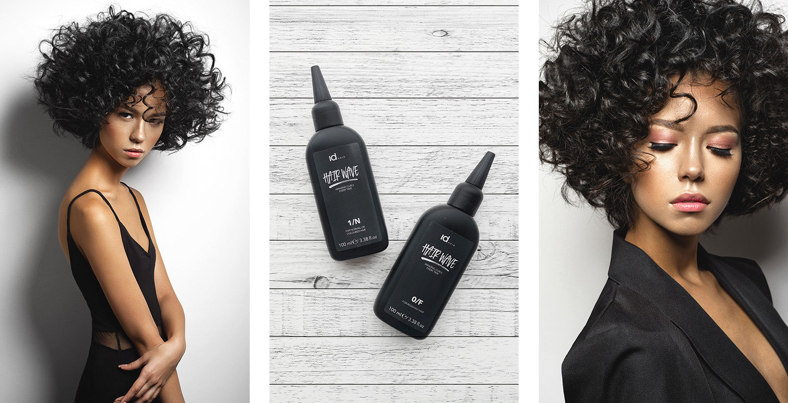 IdHAIR Hair Paint Wave permanentprodukter vist mellem portrætter af kvinde med mørke krøller.