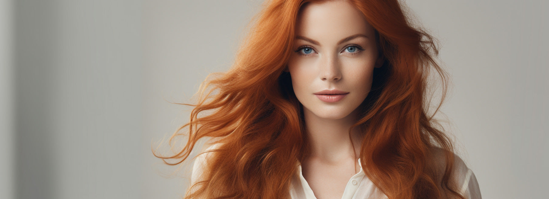 Kvinde med langt, glansfuldt kobberrødt hår og naturligt fald mod lys baggrund.