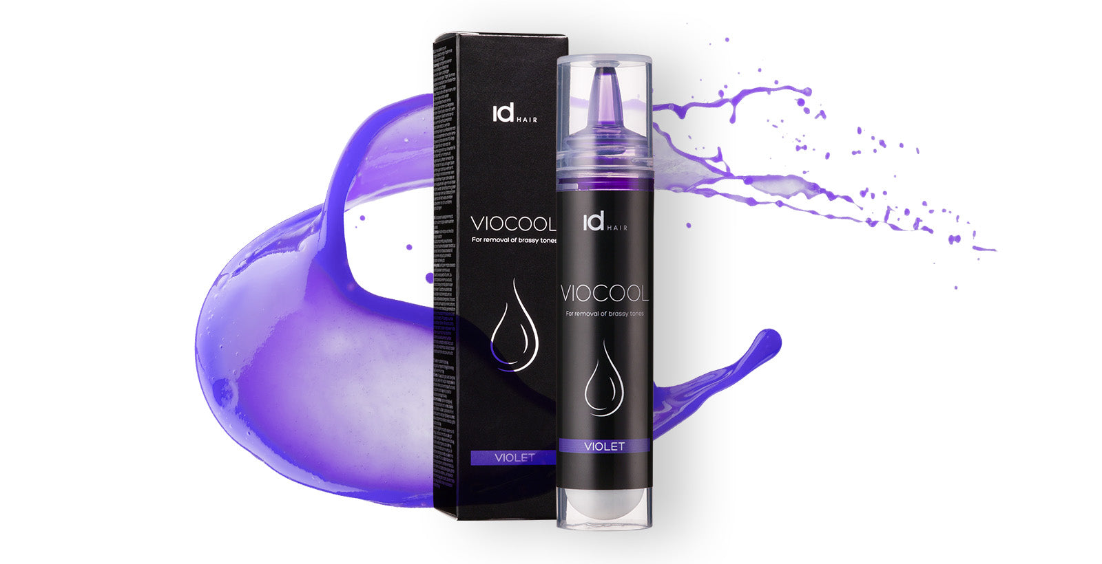 IdHAIR Viocool Violet toner med lilla farvesplash i baggrunden.