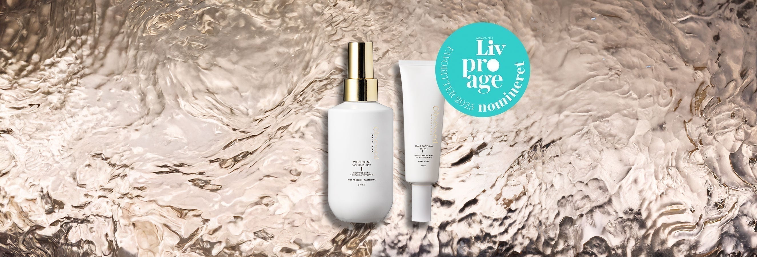 Haircare Scalp soothing serum og Weightless volume mist fra Obsessed Haircare på guldbaggrund