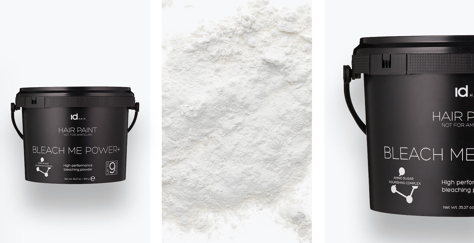 IdHAIR Hair Paint Bleach Me Power+ spande og hvidt pulver på lys baggrund.
