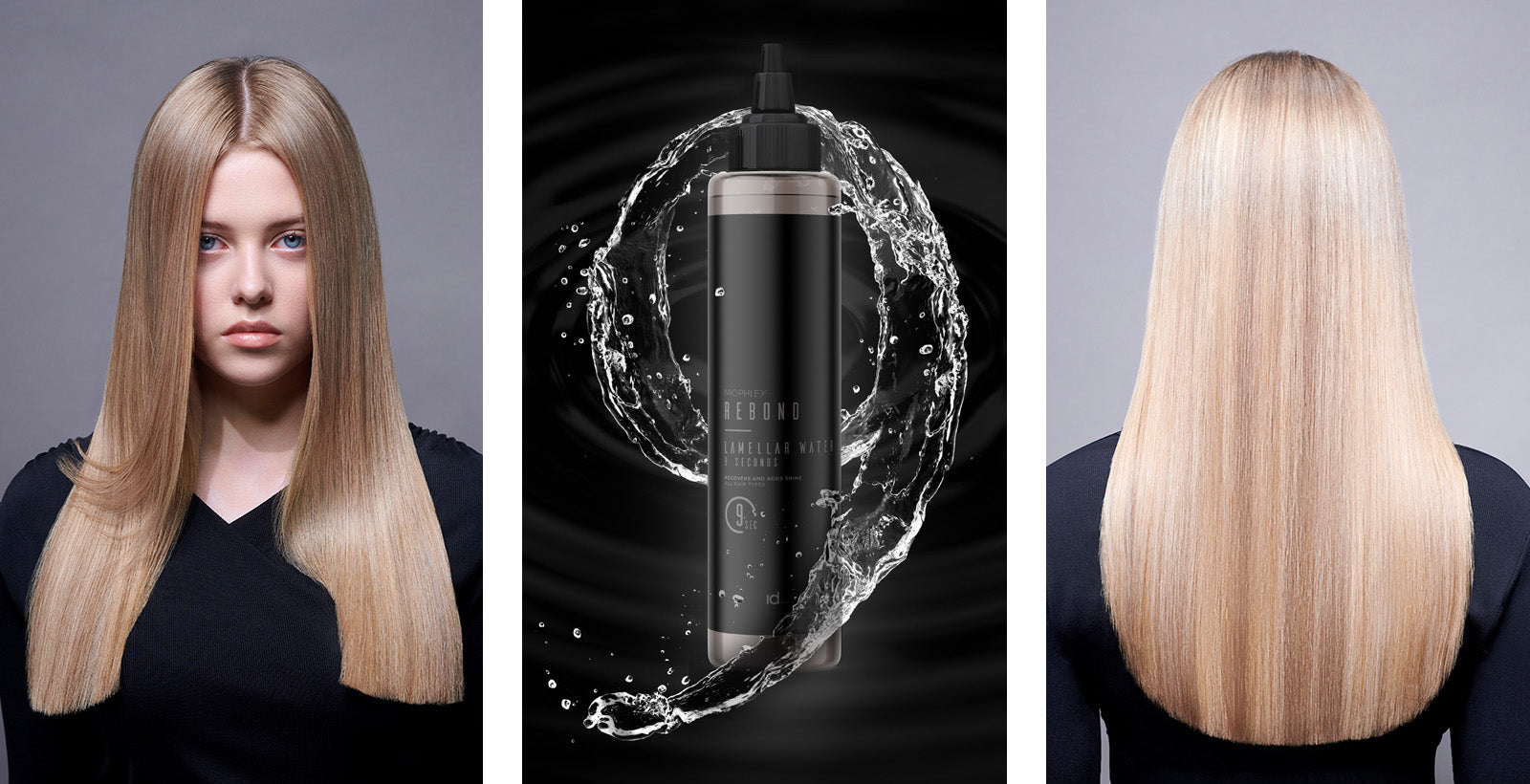 Kvinde med glat, glansfuldt blond hår og IdHAIR produktflaske omgivet af vand formet som et 9-tal - et symbol på fugt og glans på bare 9 sekunder.