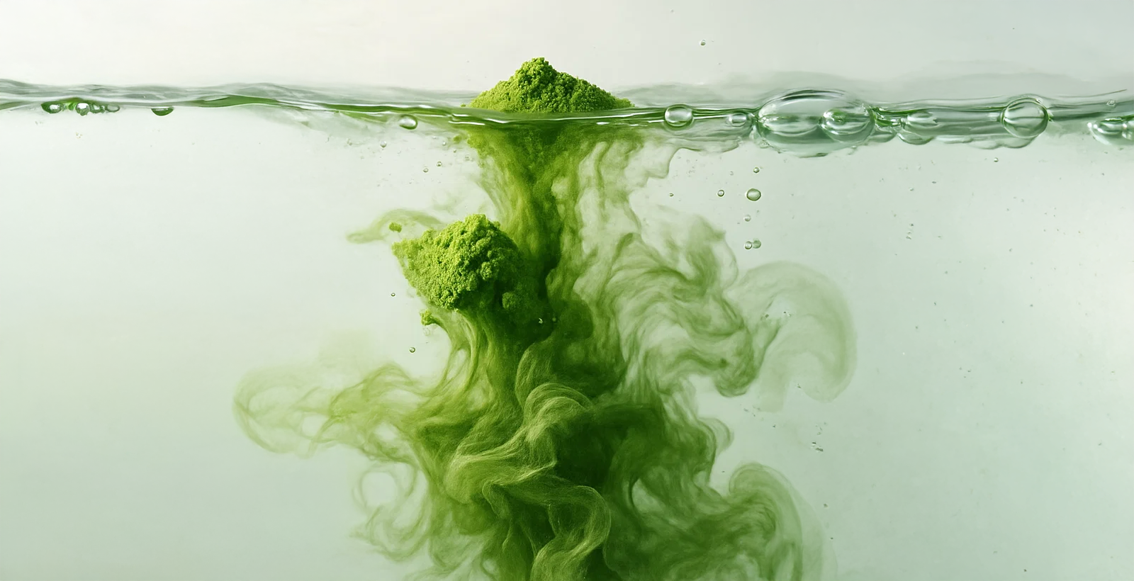 Grøn farveopløsning, der spreder sig i vand, symbol på naturlige farveingredienser.