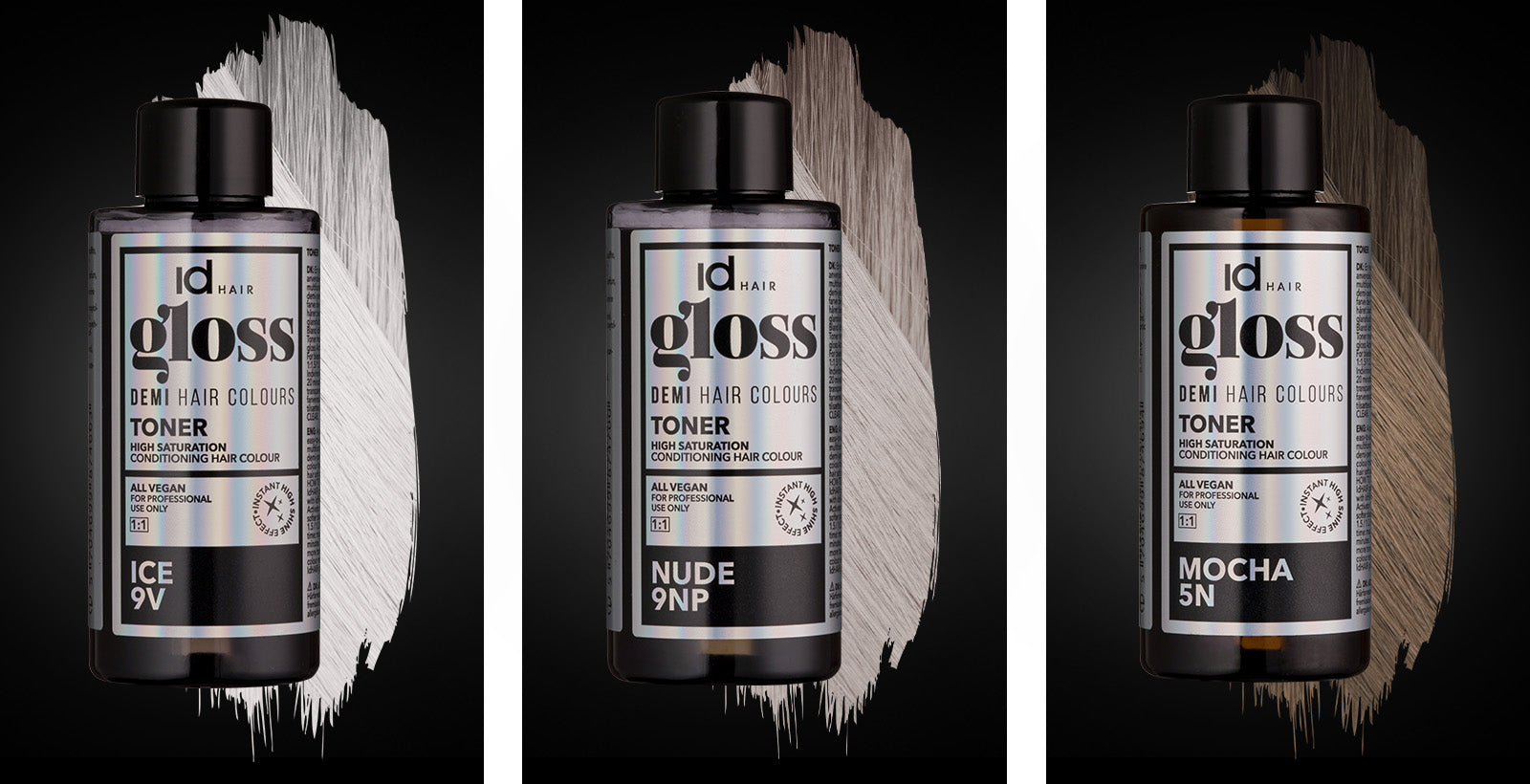 IdHAIR Gloss tonerflasker i nuancerne Ice, Nude og Mocha på sort baggrund.